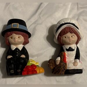 Thanksgiving Pilgrim and Turkey Ceramic Vintage Figurines